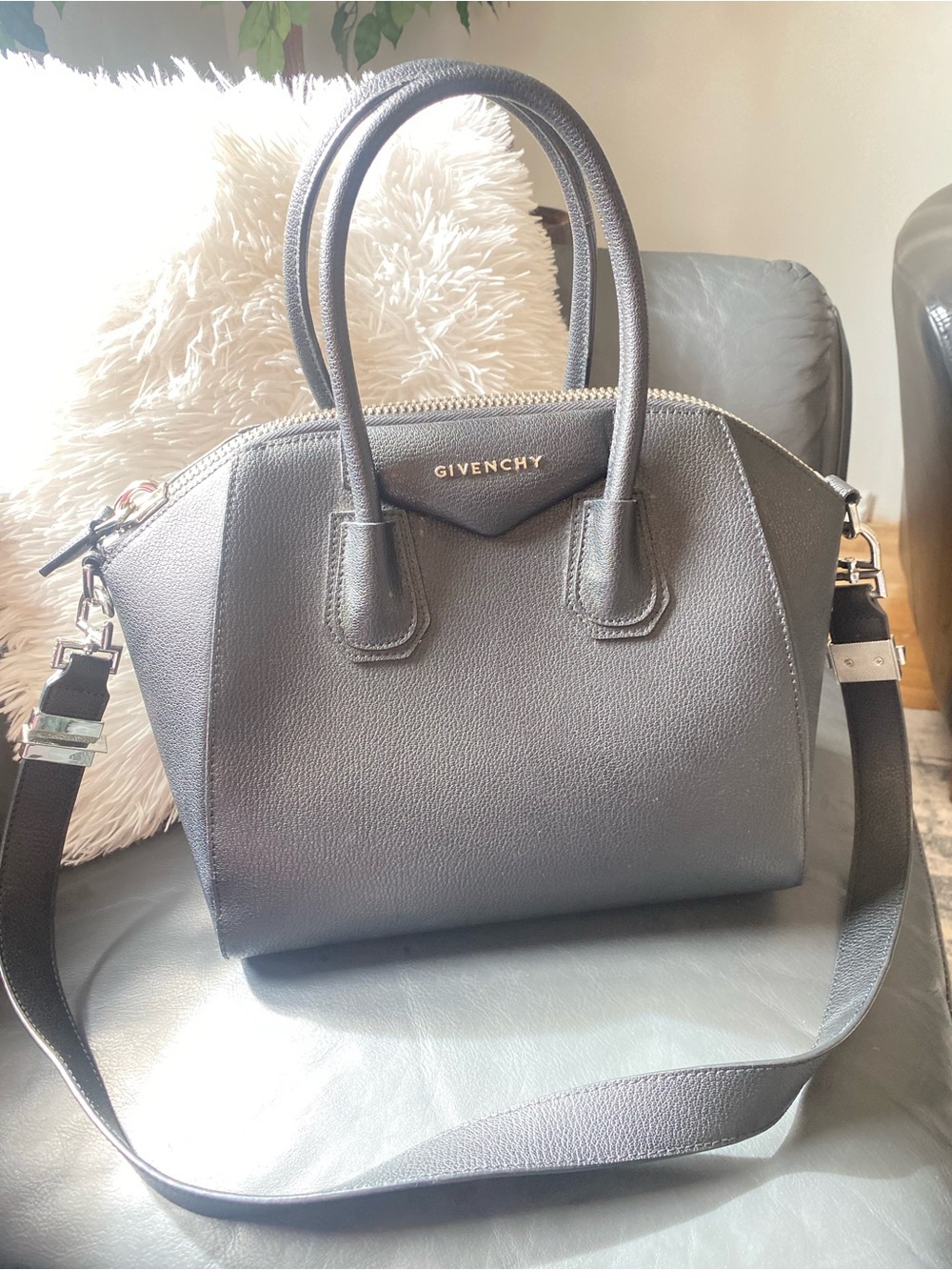 Givenchy Small Leather Satchel in Charcoal Gray with Gold Logo